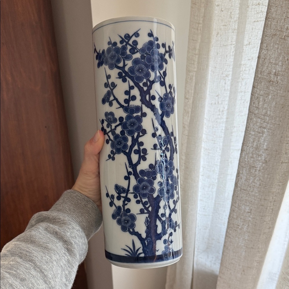 Signed Vintage Japanese Cherry Blossom Vase 11.75" Tall - Blue & White Ceramic